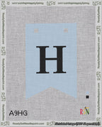 A taped needlepoint canvas with the design: Banner 18 mesh count Forked H Black on Light Blue.