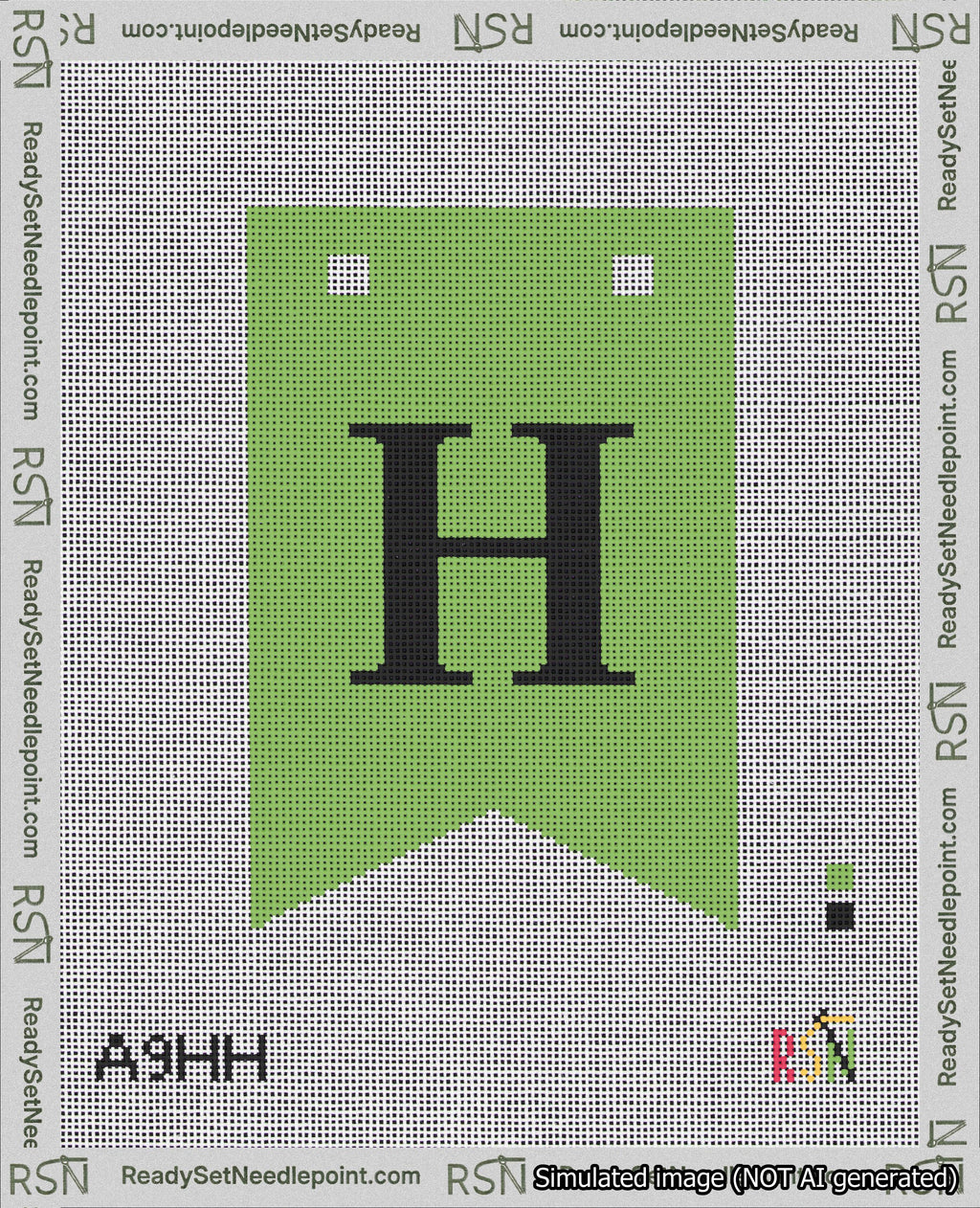 A taped needlepoint canvas with the design: Banner 18 mesh count Forked H Black on Light Green.