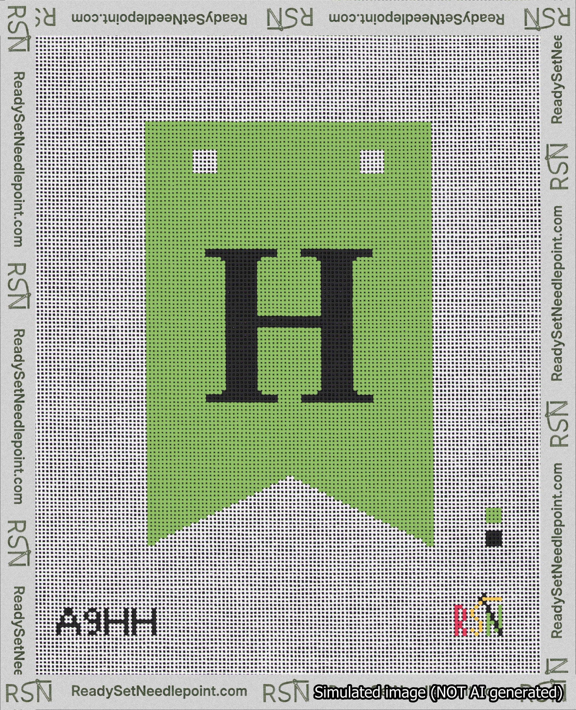 A taped needlepoint canvas with the design: Banner 18 mesh count Forked H Black on Light Green.