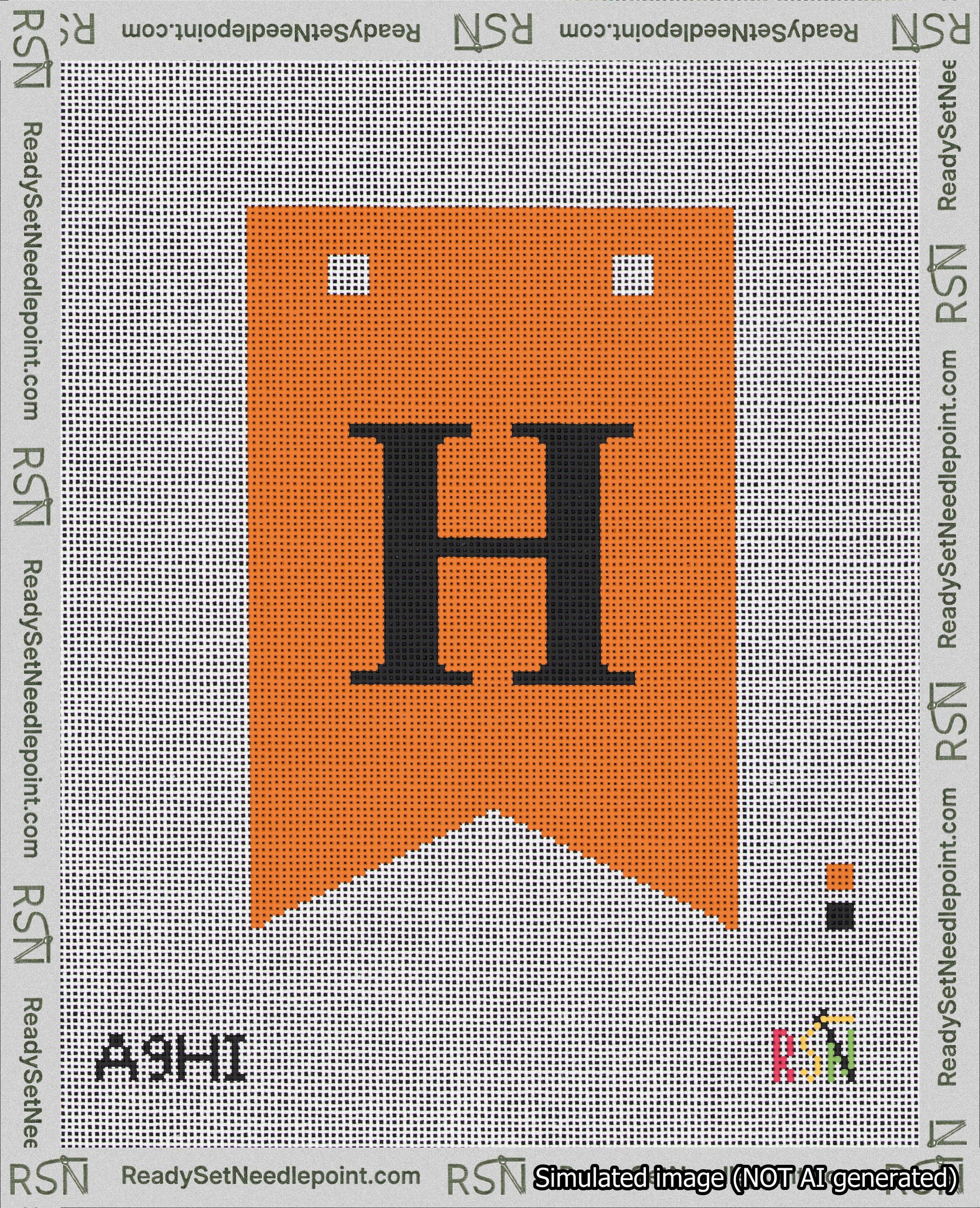 A taped needlepoint canvas with the design: Banner 18 mesh count Forked H Black on Orange.