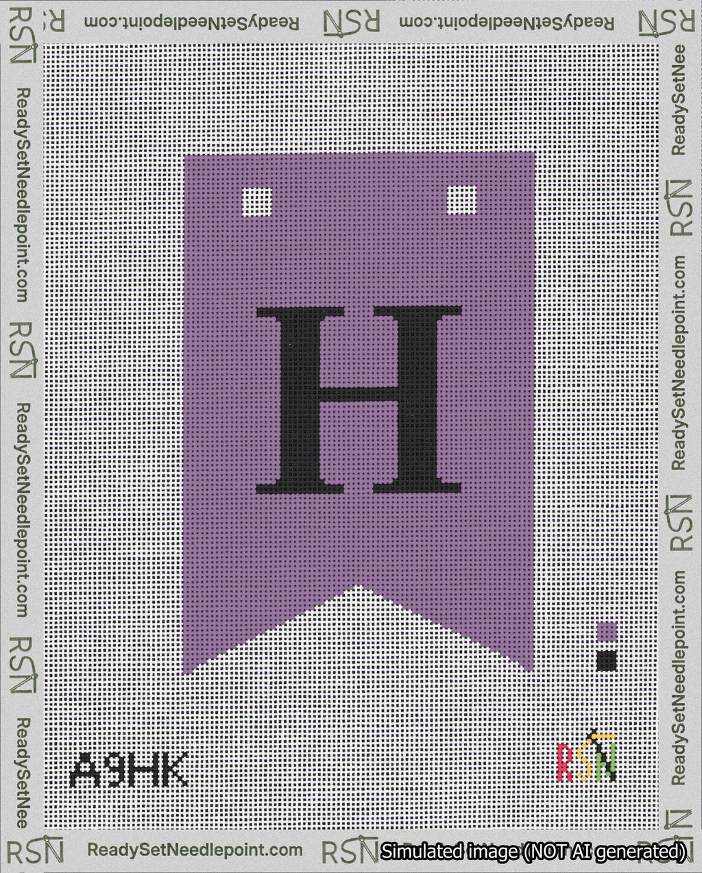 A taped needlepoint canvas with the design: Banner 18 mesh count Forked H Black on Purple.