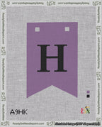 A taped needlepoint canvas with the design: Banner 18 mesh count Forked H Black on Purple.