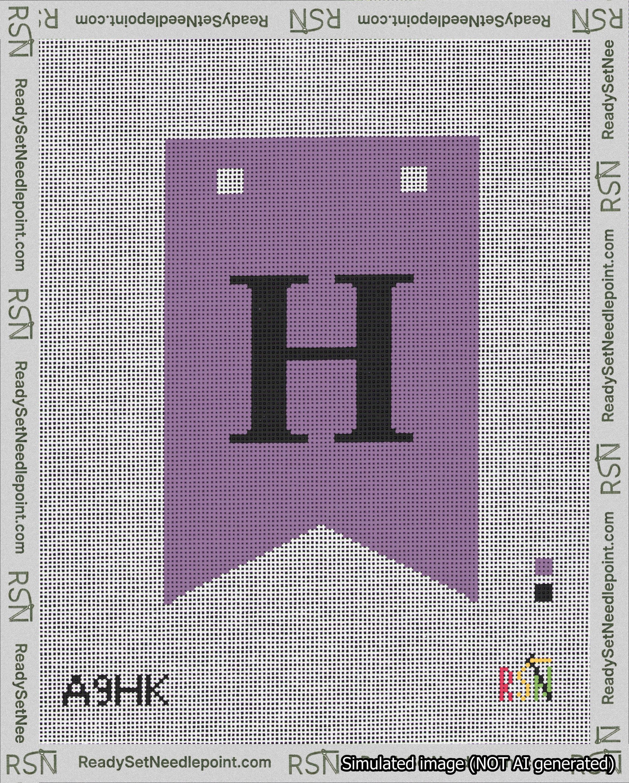 A taped needlepoint canvas with the design: Banner 18 mesh count Forked H Black on Purple.