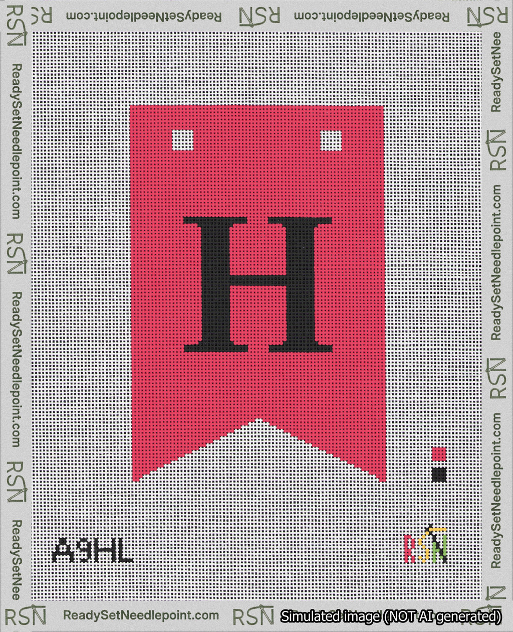 A taped needlepoint canvas with the design: Banner 18 mesh count Forked H Black on Red.