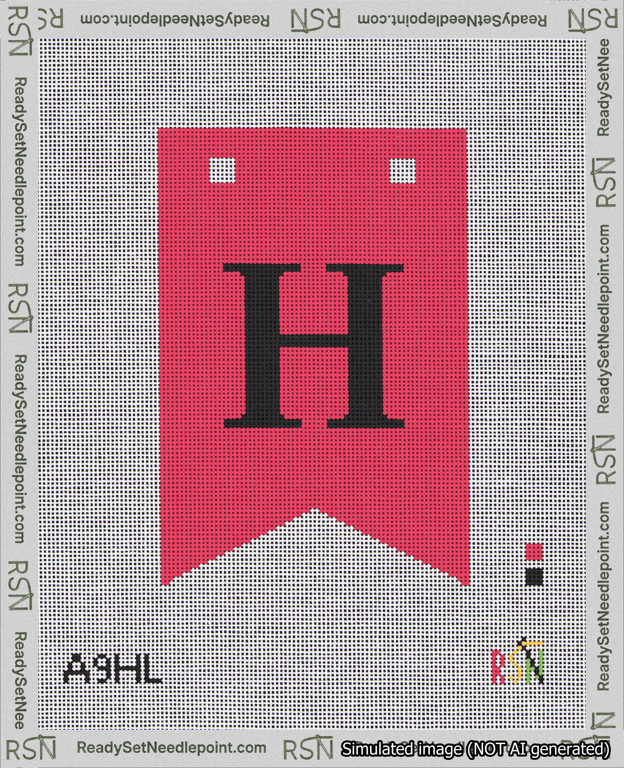 A taped needlepoint canvas with the design: Banner 18 mesh count Forked H Black on Red.