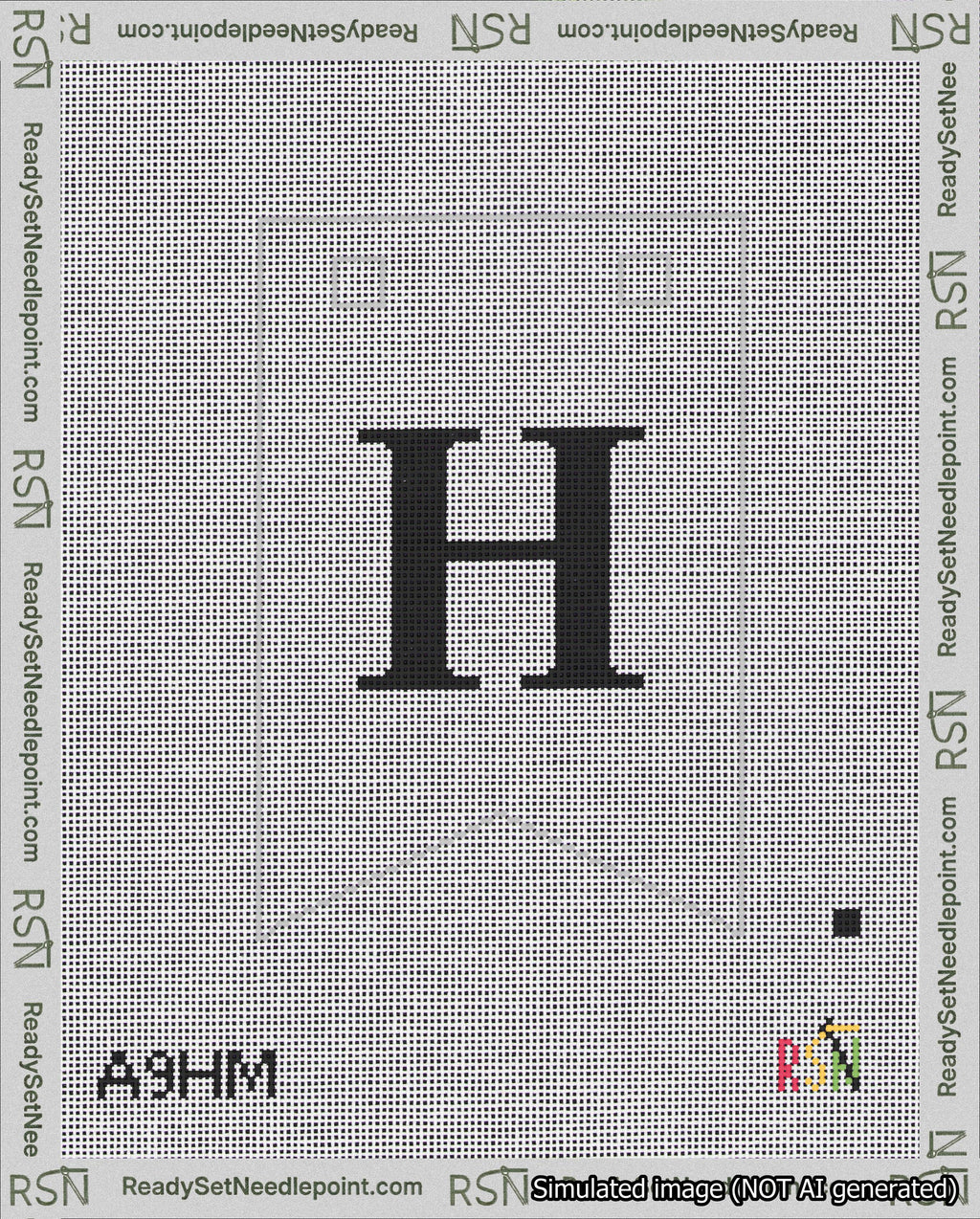 A taped needlepoint canvas with the design: Banner 18 mesh count Forked H Black on White.