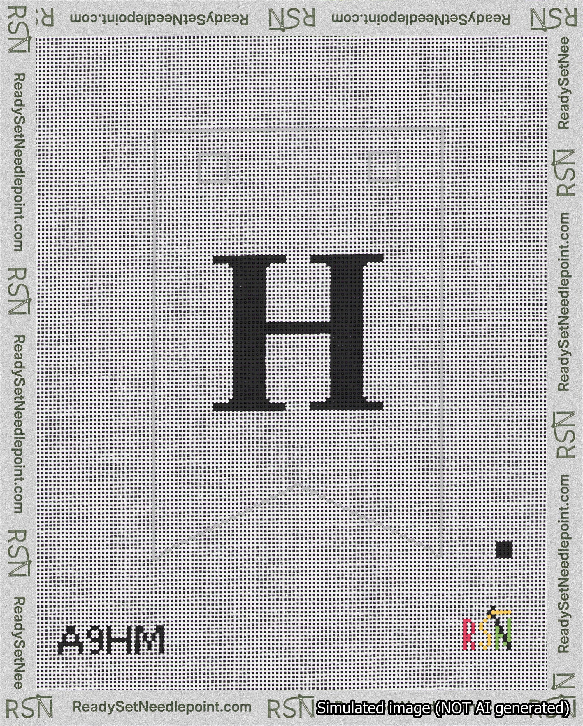 A taped needlepoint canvas with the design: Banner 18 mesh count Forked H Black on White.