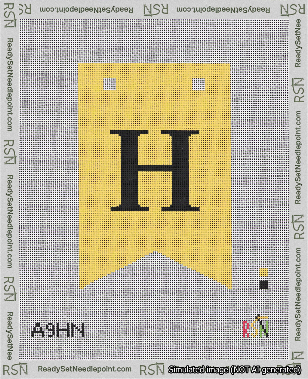 A taped needlepoint canvas with the design: Banner 18 mesh count Forked H Black on Yellow.