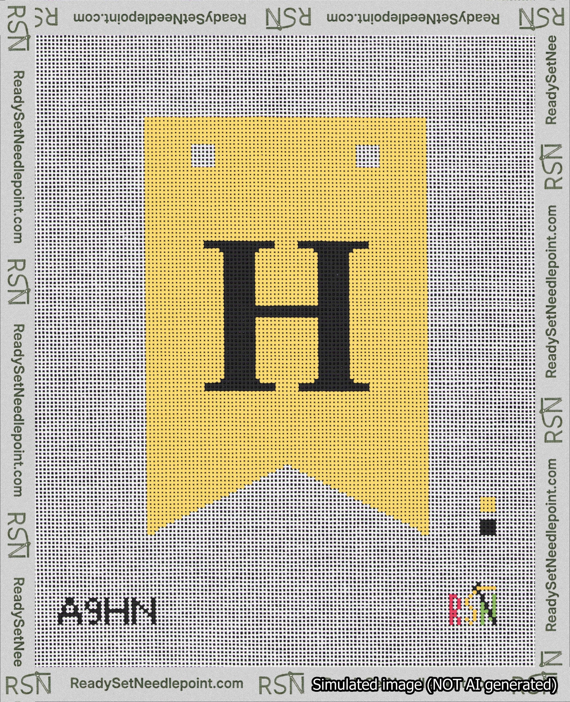 A taped needlepoint canvas with the design: Banner 18 mesh count Forked H Black on Yellow.