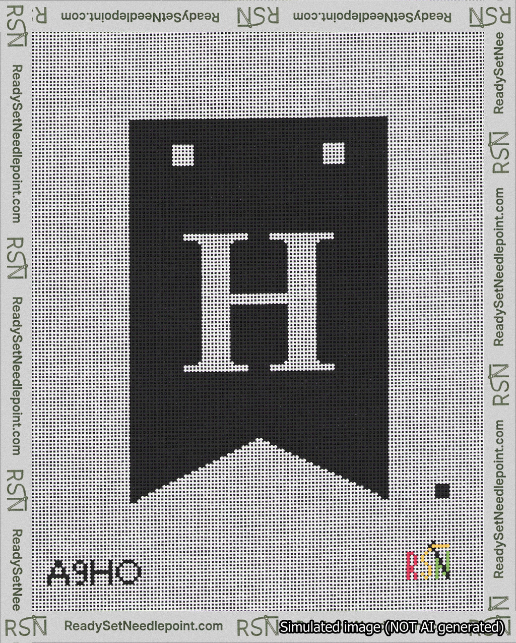 A taped needlepoint canvas with the design: Banner 18 mesh count Forked H White on Black.
