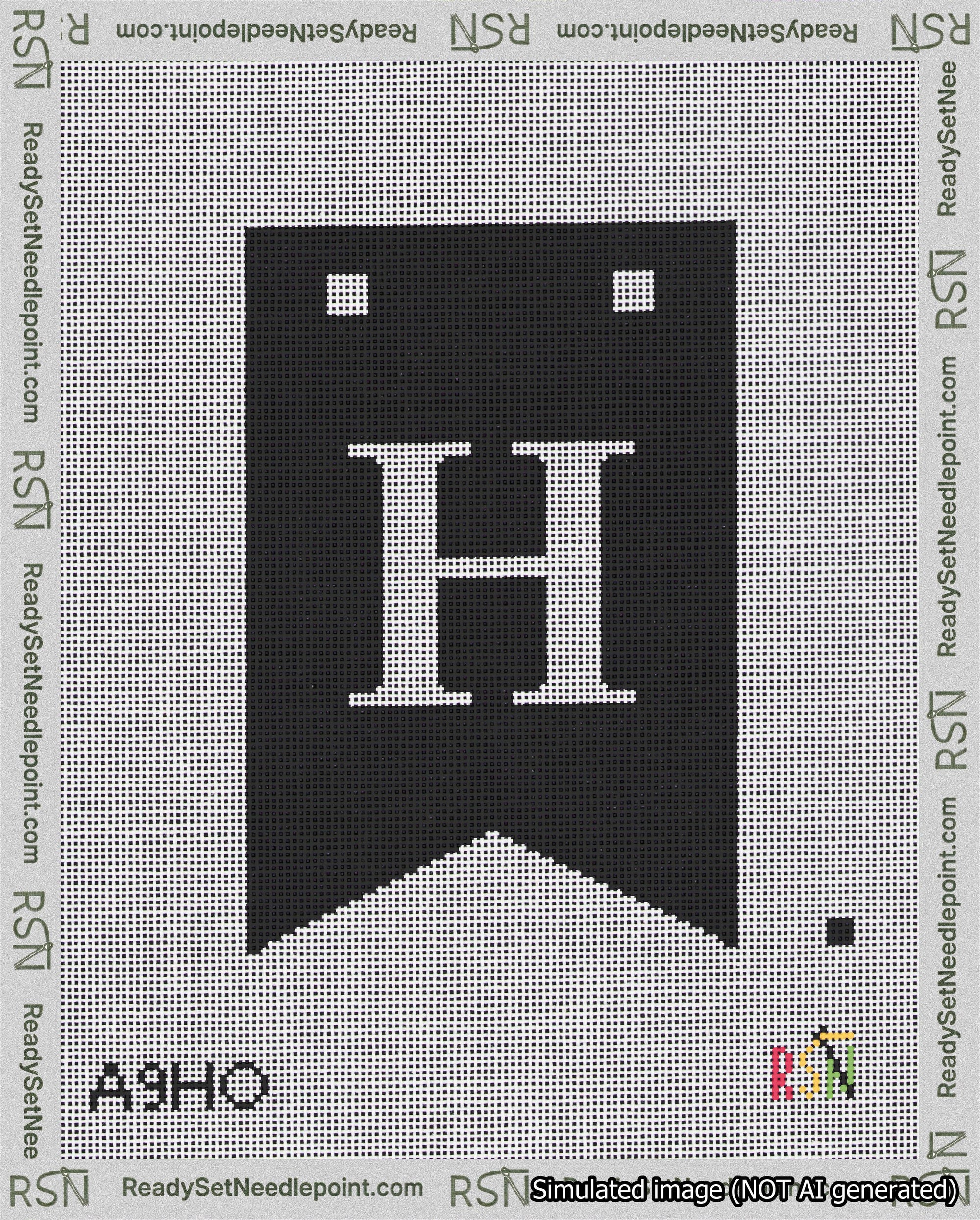 A taped needlepoint canvas with the design: Banner 18 mesh count Forked H White on Black.