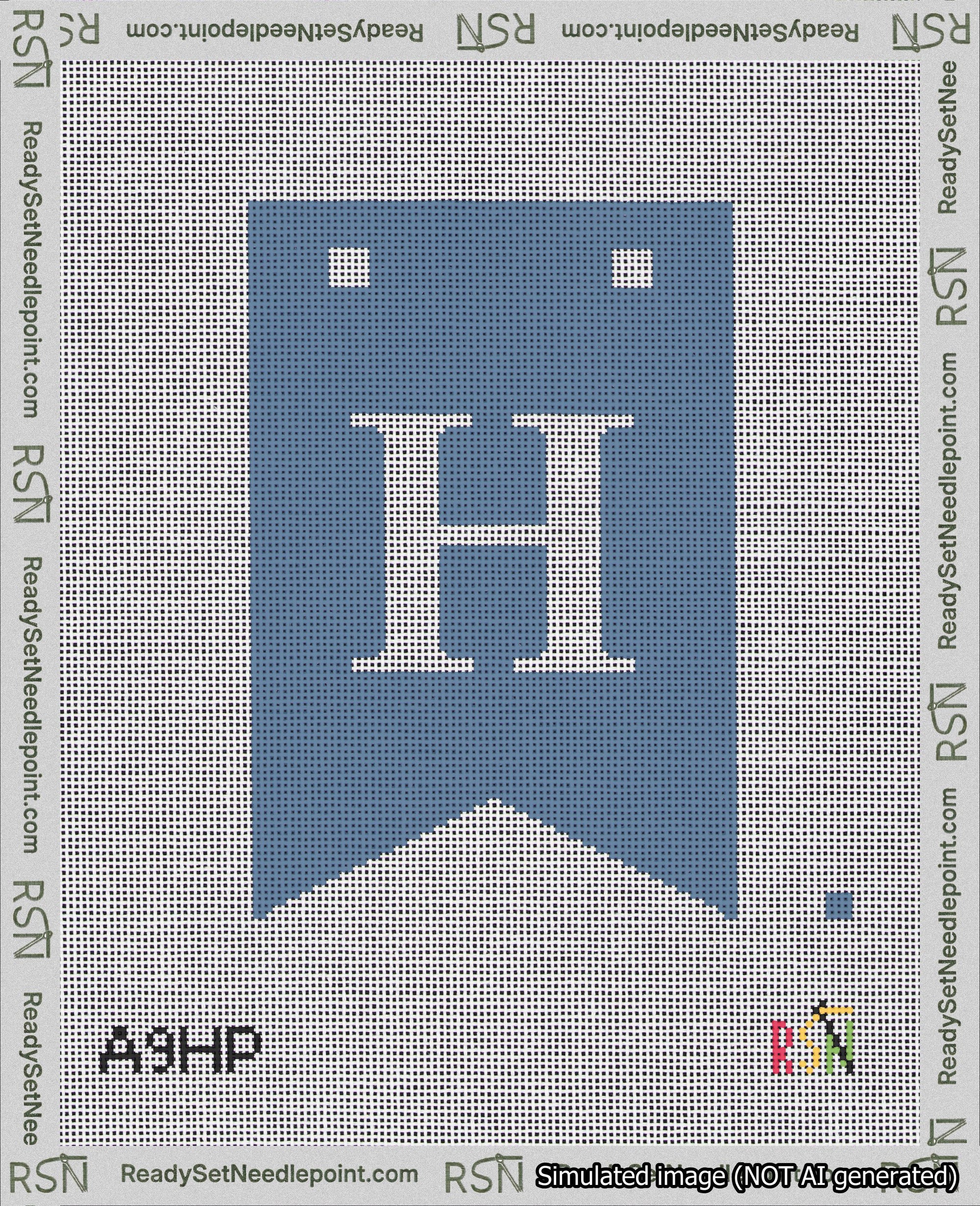 A taped needlepoint canvas with the design: Banner 18 mesh count Forked H White on Blue.