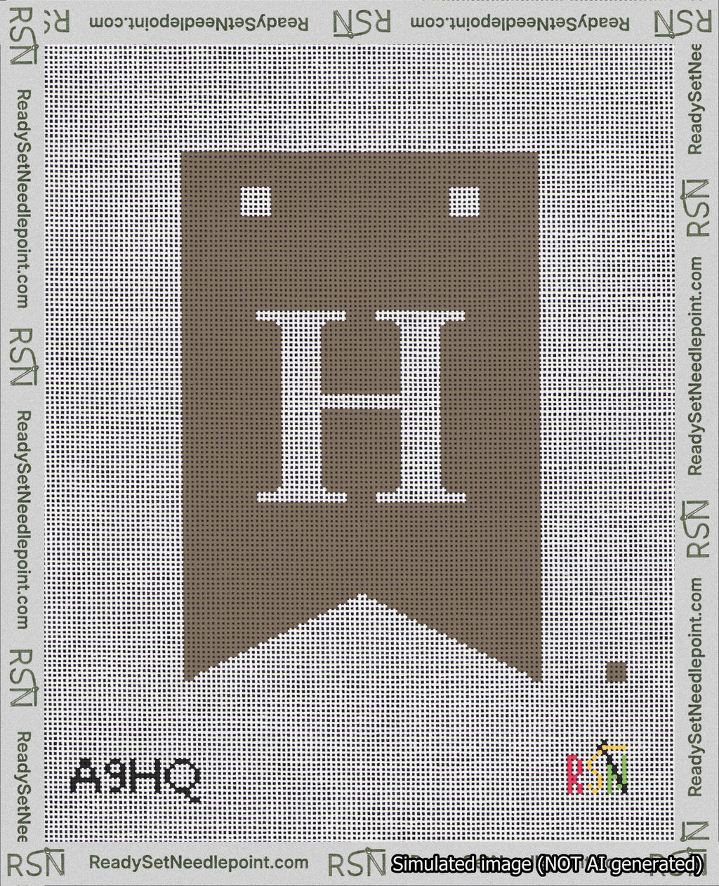 A taped needlepoint canvas with the design: Banner 18 mesh count Forked H White on Brown.
