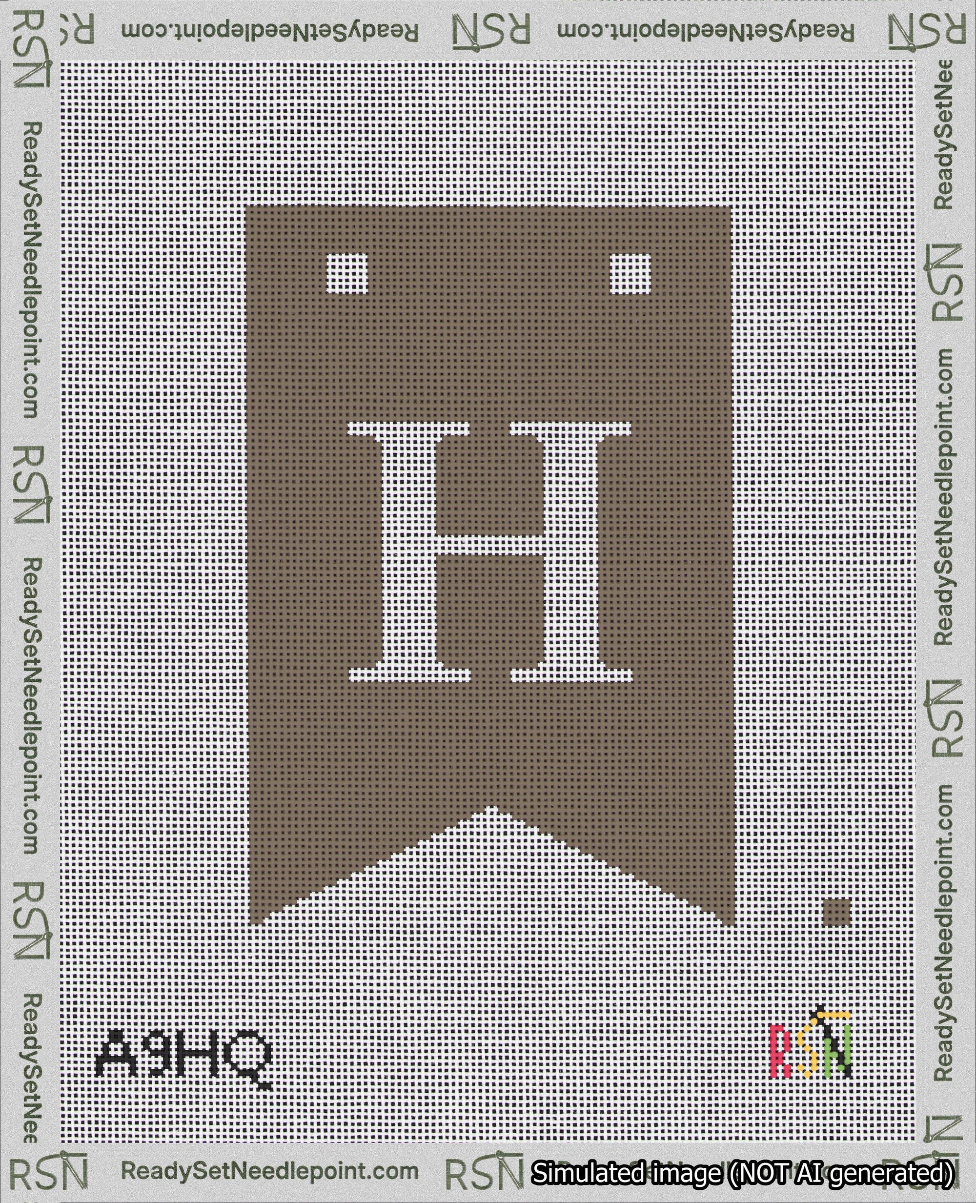 A taped needlepoint canvas with the design: Banner 18 mesh count Forked H White on Brown.
