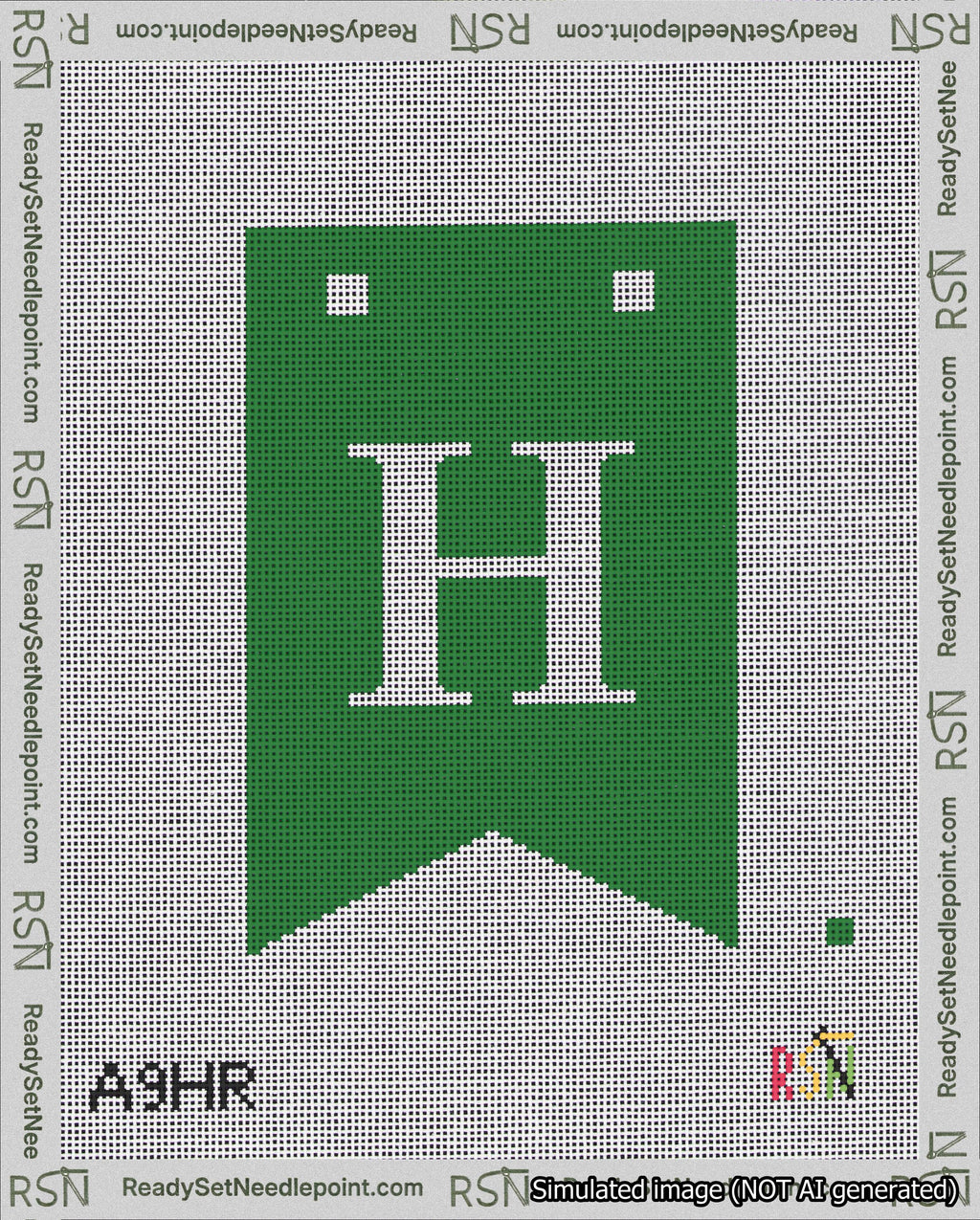 A taped needlepoint canvas with the design: Banner 18 mesh count Forked H White on Green.