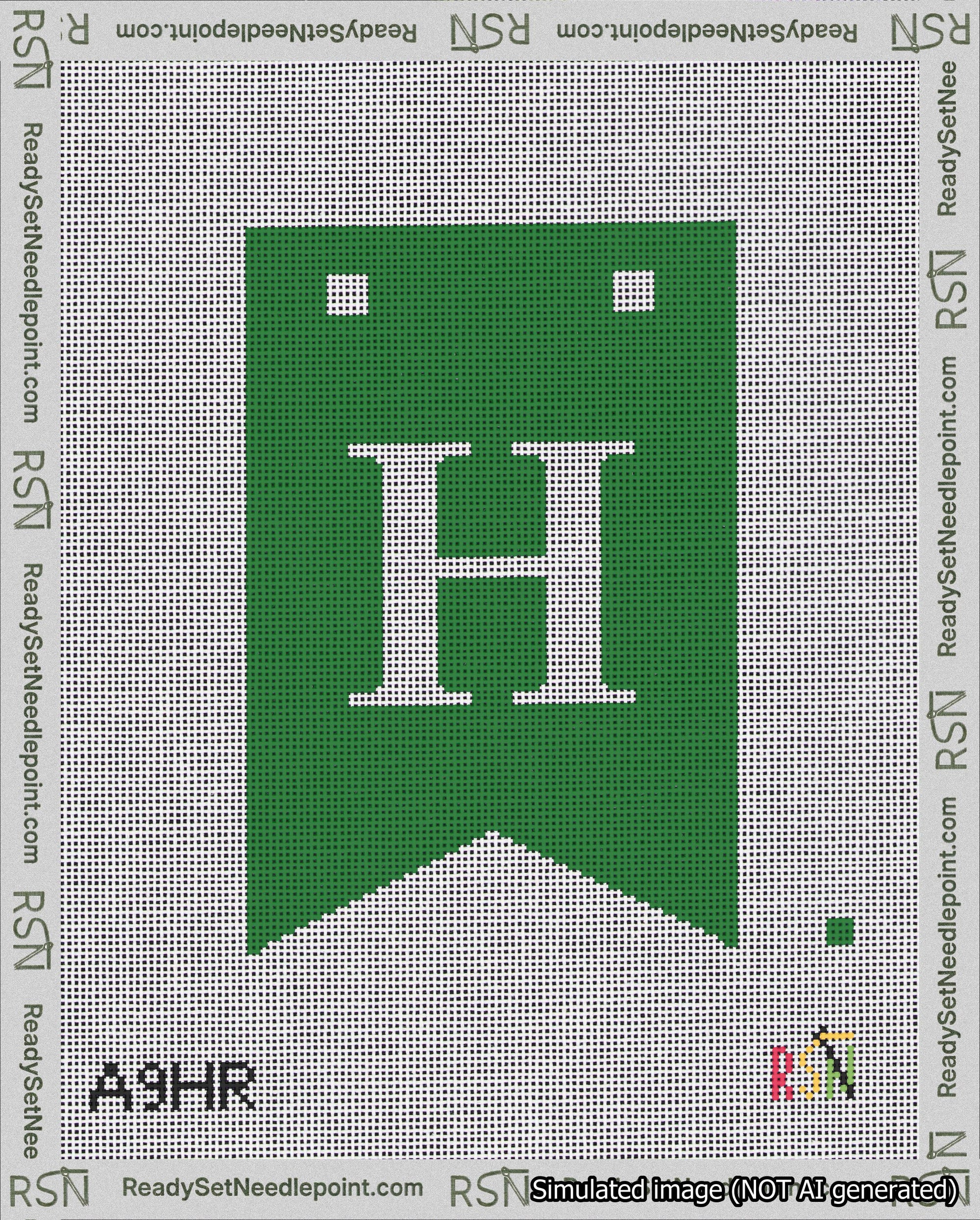 A taped needlepoint canvas with the design: Banner 18 mesh count Forked H White on Green.