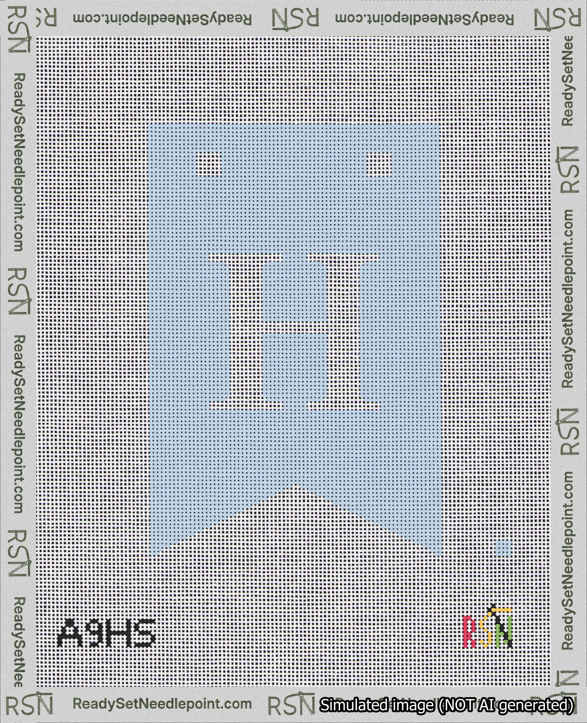 A taped needlepoint canvas with the design: Banner 18 mesh count Forked H White on Light Blue.