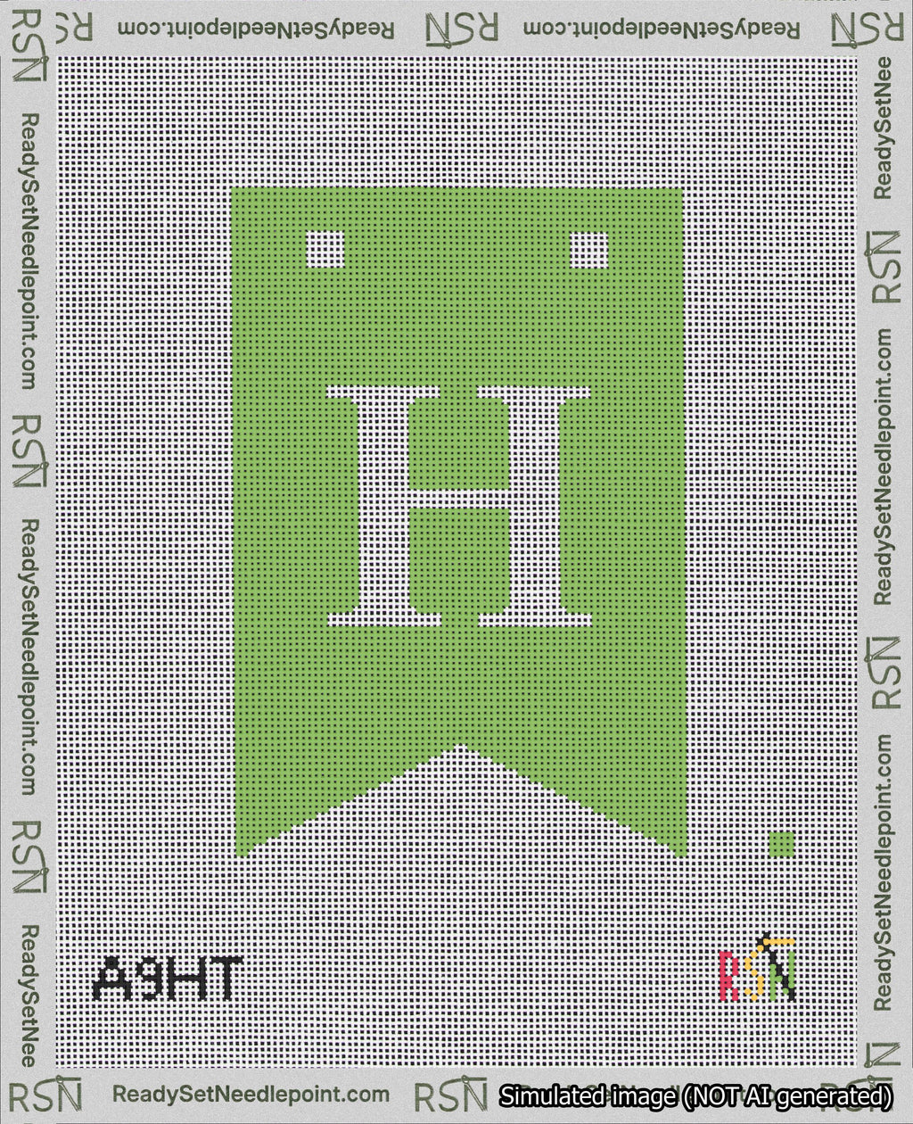 A taped needlepoint canvas with the design: Banner 18 mesh count Forked H White on Light Green.