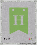 A taped needlepoint canvas with the design: Banner 18 mesh count Forked H White on Light Green.