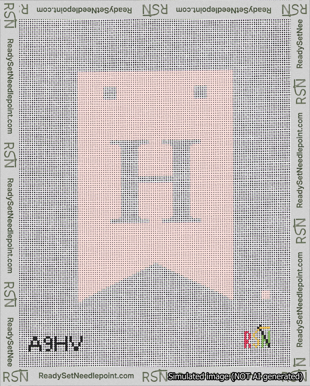 A taped needlepoint canvas with the design: Banner 18 mesh count Forked H White on Pink.