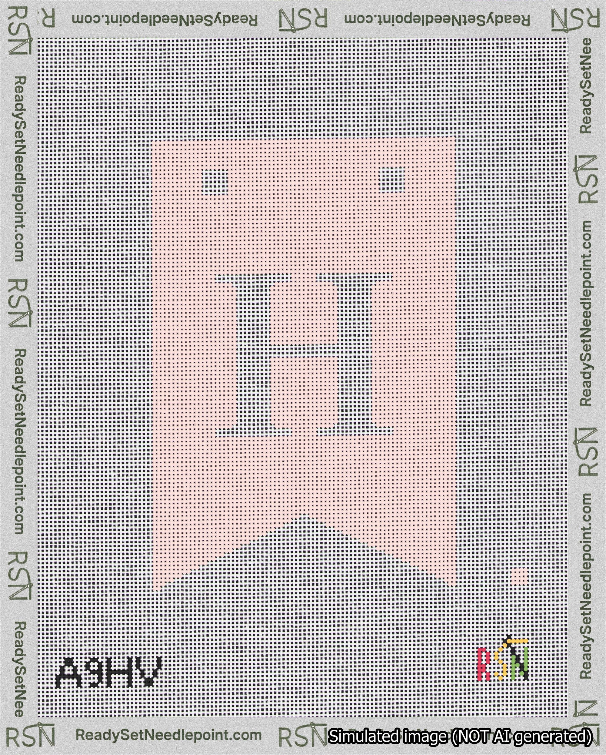 A taped needlepoint canvas with the design: Banner 18 mesh count Forked H White on Pink.