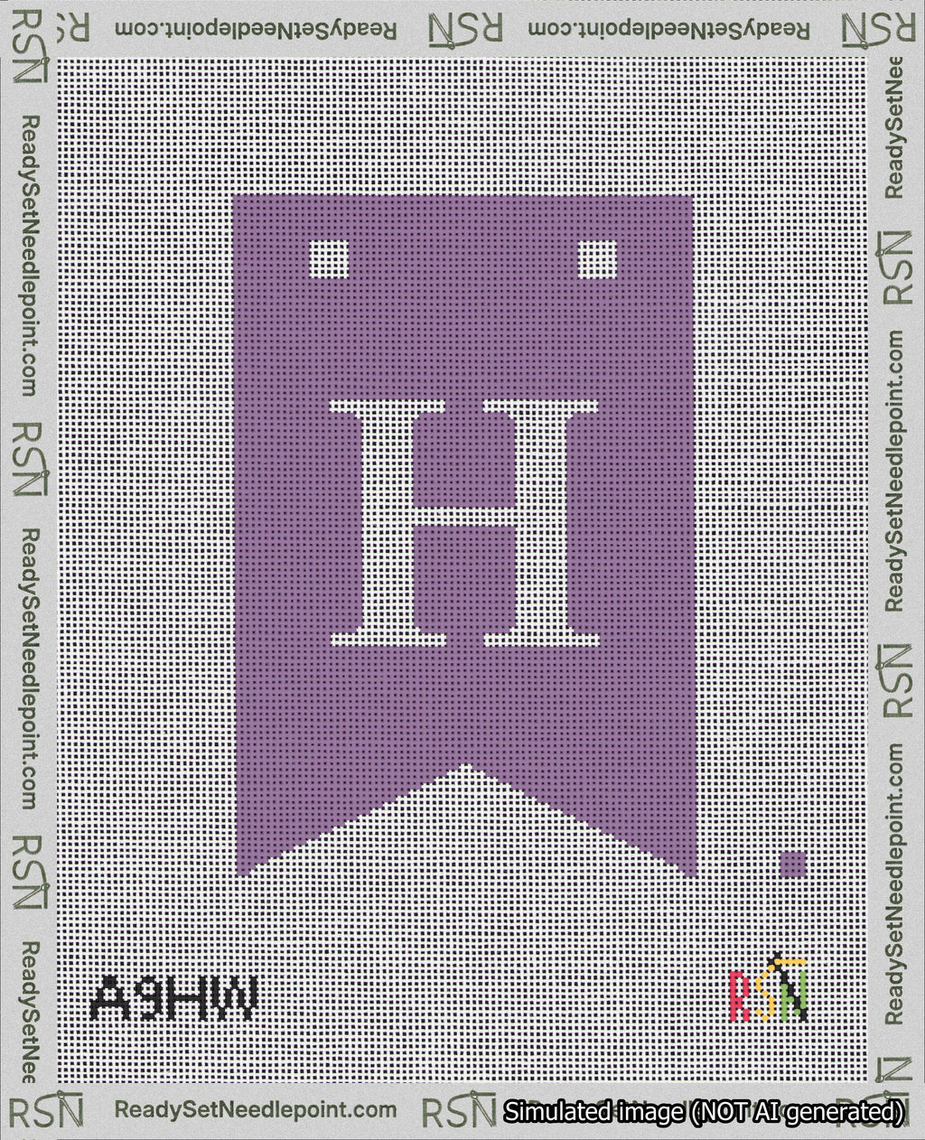 A taped needlepoint canvas with the design: Banner 18 mesh count Forked H White on Purple.