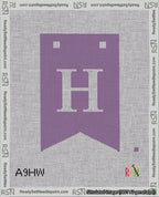 A taped needlepoint canvas with the design: Banner 18 mesh count Forked H White on Purple.