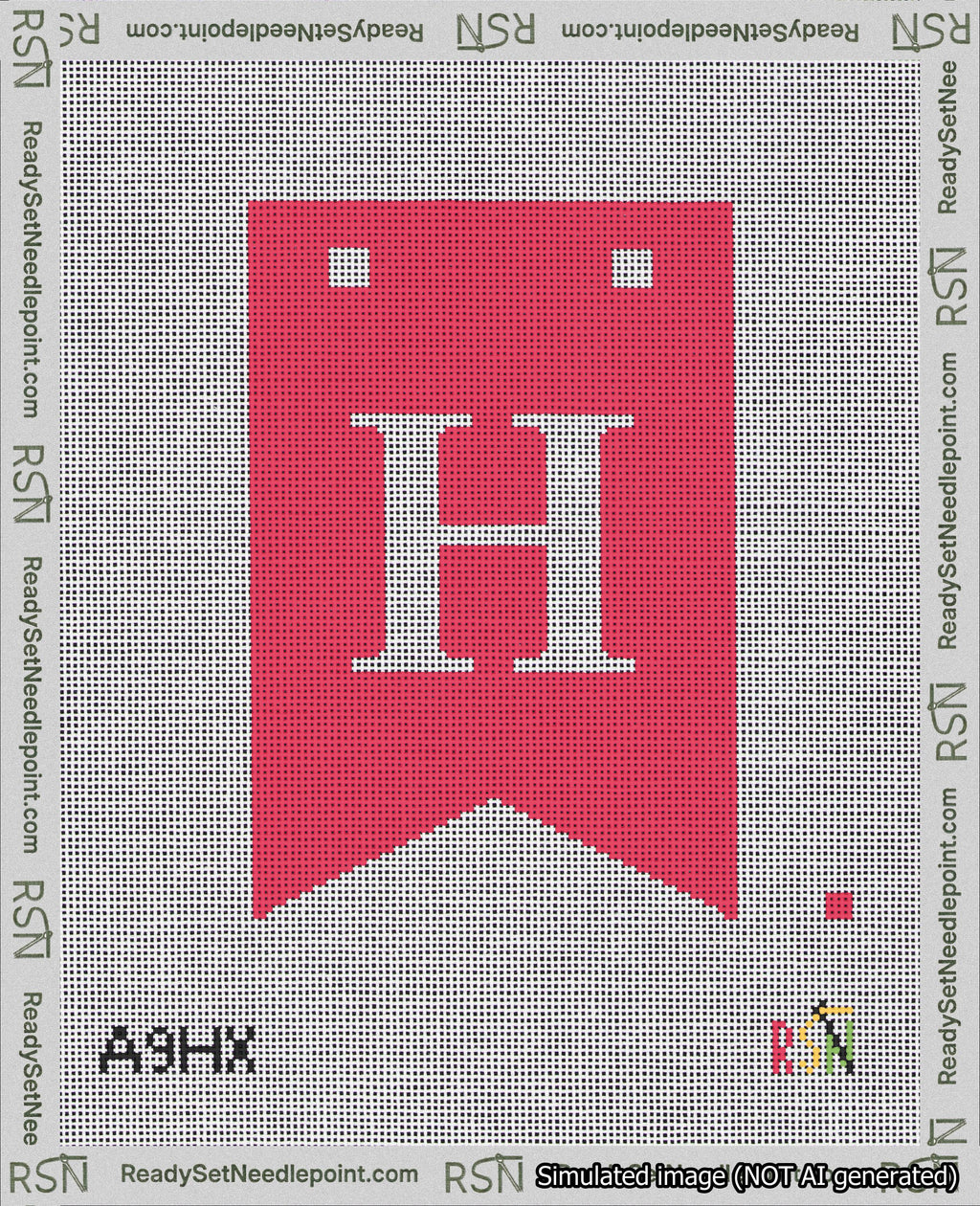 A taped needlepoint canvas with the design: Banner 18 mesh count Forked H White on Red.