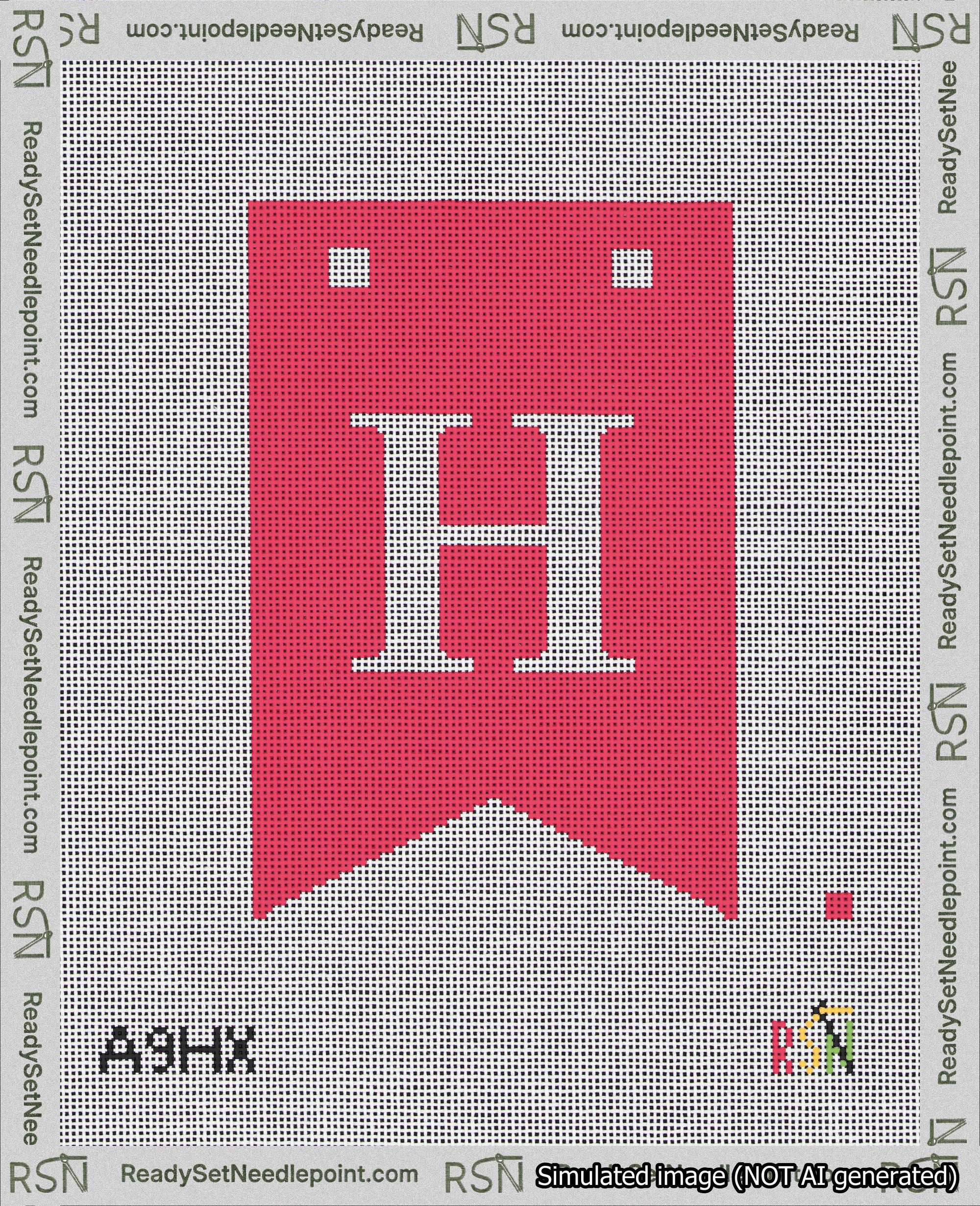 A taped needlepoint canvas with the design: Banner 18 mesh count Forked H White on Red.