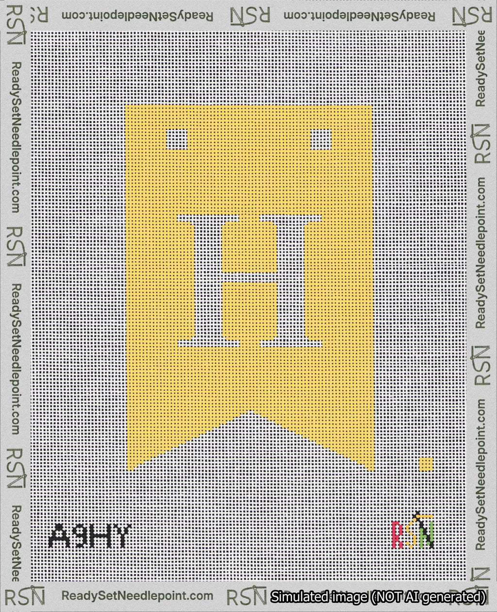 A taped needlepoint canvas with the design: Banner 18 mesh count Forked H White on Yellow.