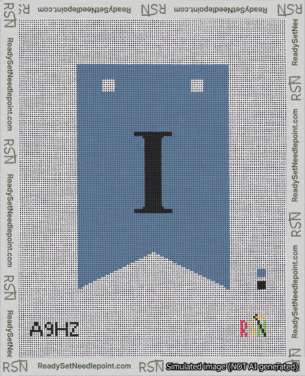 A taped needlepoint canvas with the design: Banner 18 mesh count Forked I Black on Blue.