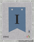 A taped needlepoint canvas with the design: Banner 18 mesh count Forked I Black on Blue.