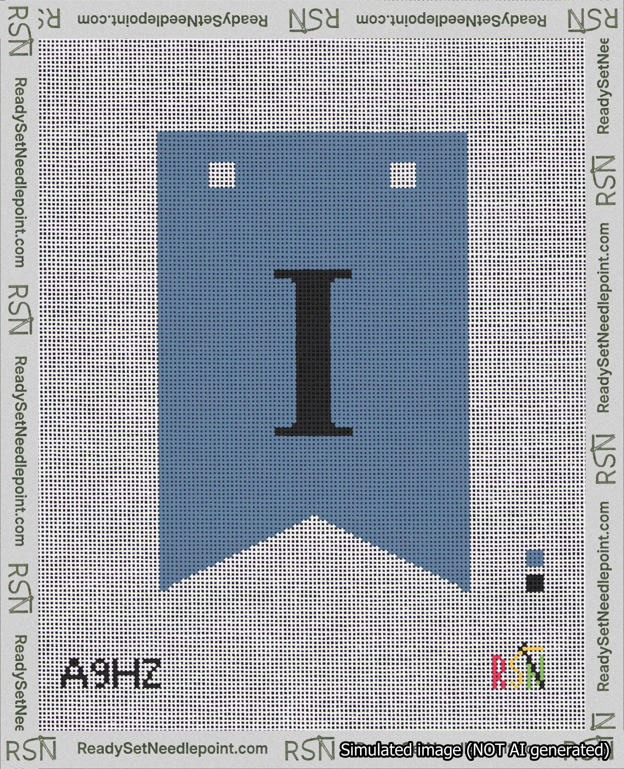 A taped needlepoint canvas with the design: Banner 18 mesh count Forked I Black on Blue.