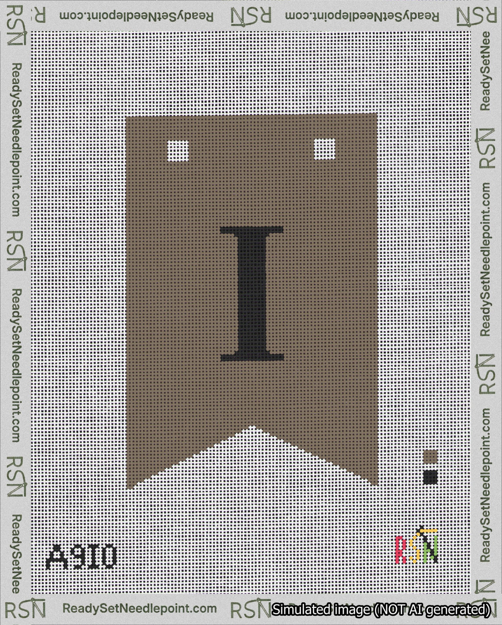A taped needlepoint canvas with the design: Banner 18 mesh count Forked I Black on Brown.