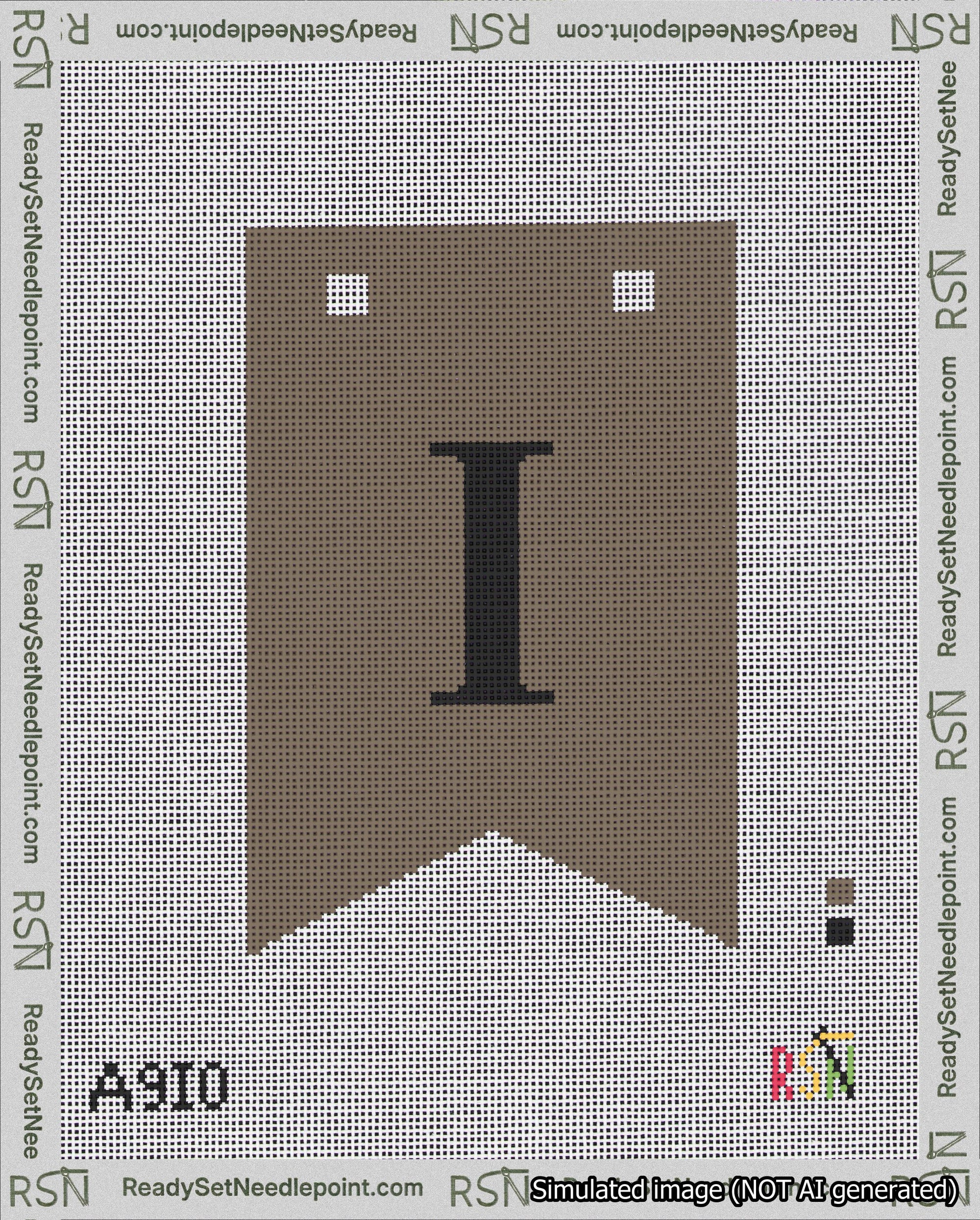 A taped needlepoint canvas with the design: Banner 18 mesh count Forked I Black on Brown.
