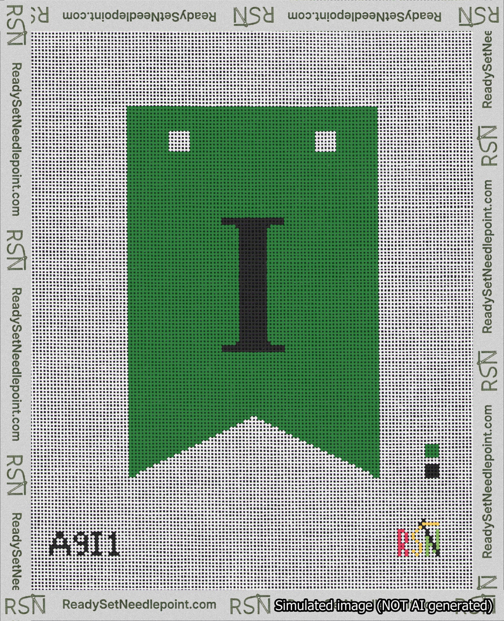 A taped needlepoint canvas with the design: Banner 18 mesh count Forked I Black on Green.