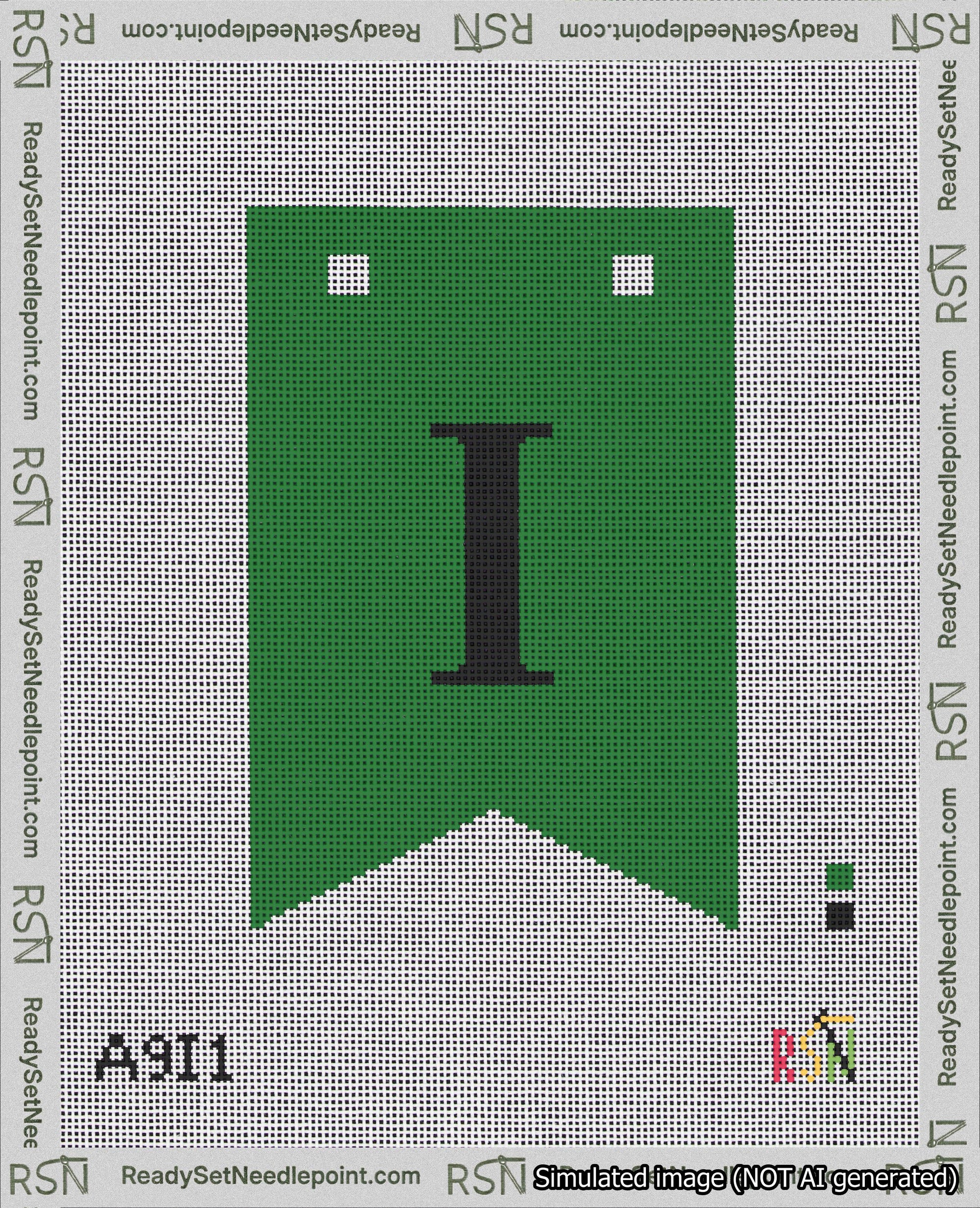 A taped needlepoint canvas with the design: Banner 18 mesh count Forked I Black on Green.