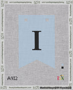 A taped needlepoint canvas with the design: Banner 18 mesh count Forked I Black on Light Blue.