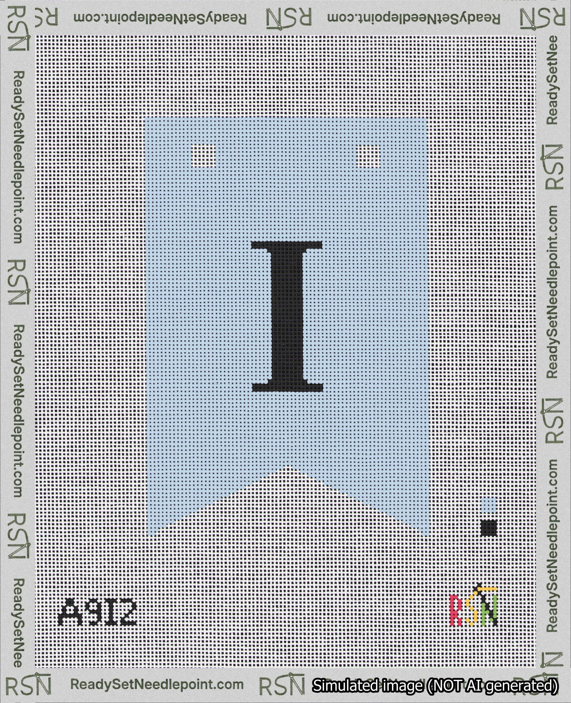 A taped needlepoint canvas with the design: Banner 18 mesh count Forked I Black on Light Blue.