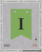 A taped needlepoint canvas with the design: Banner 18 mesh count Forked I Black on Light Green.