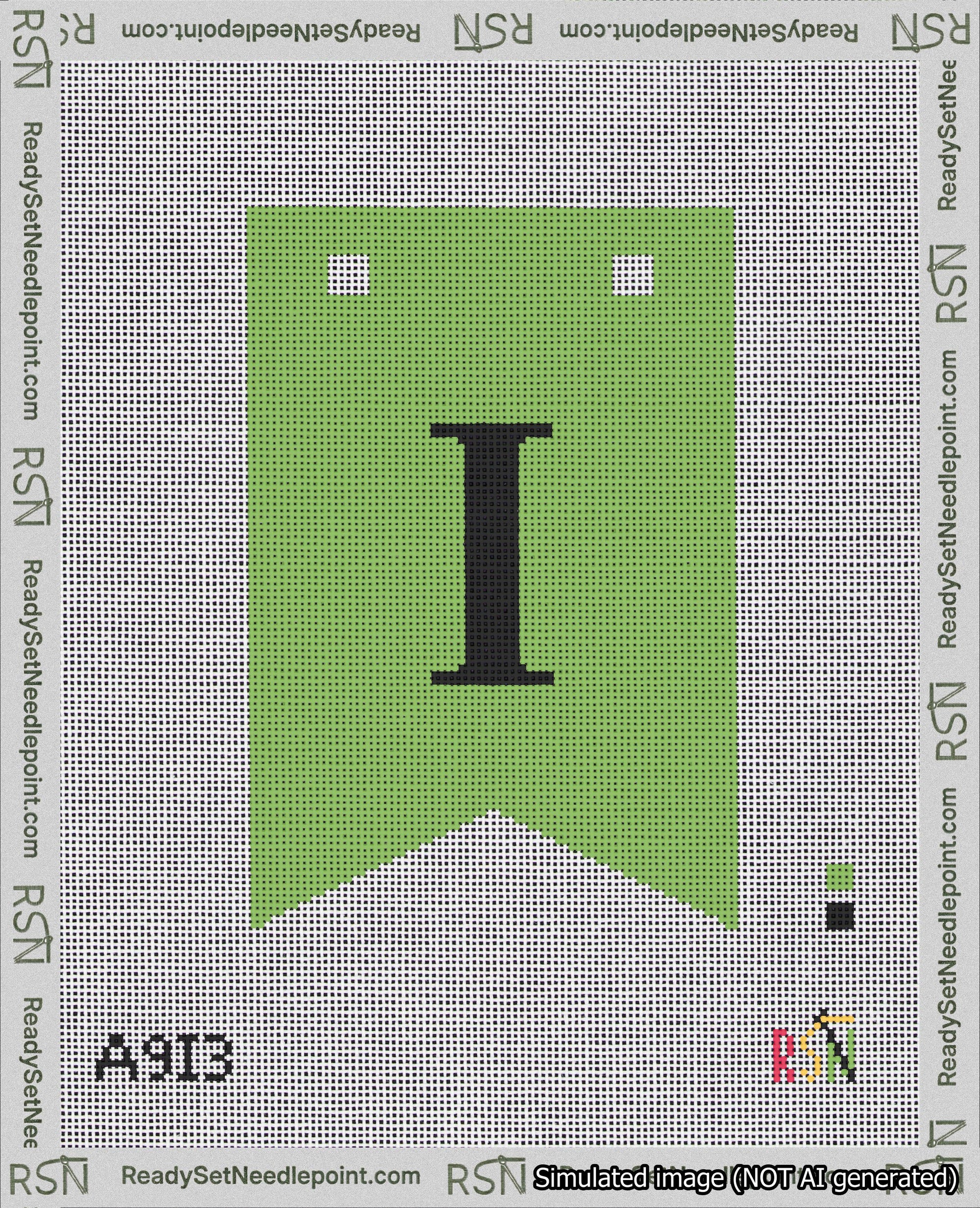 A taped needlepoint canvas with the design: Banner 18 mesh count Forked I Black on Light Green.