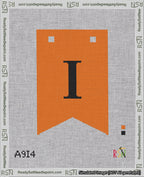 A taped needlepoint canvas with the design: Banner 18 mesh count Forked I Black on Orange.