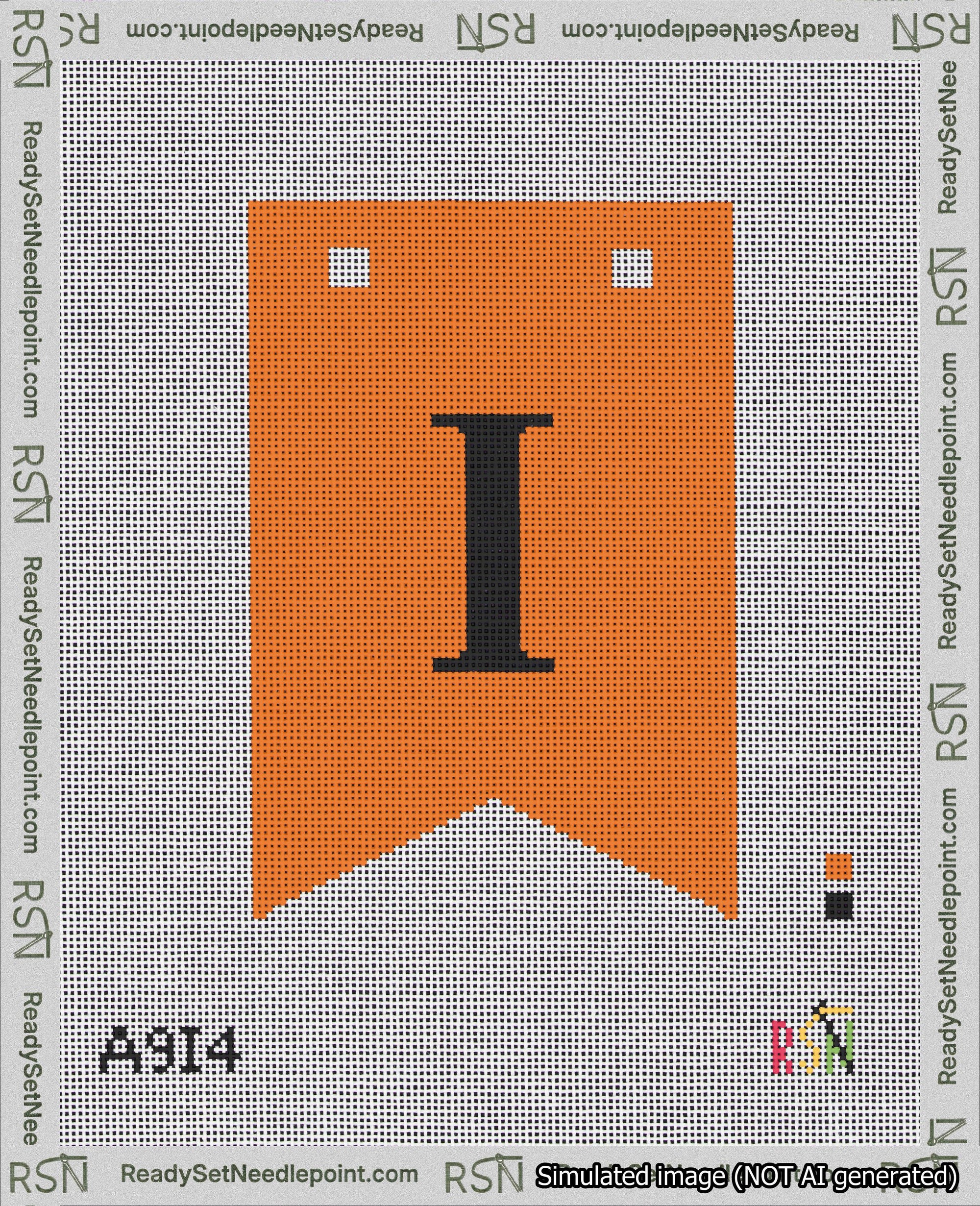 A taped needlepoint canvas with the design: Banner 18 mesh count Forked I Black on Orange.