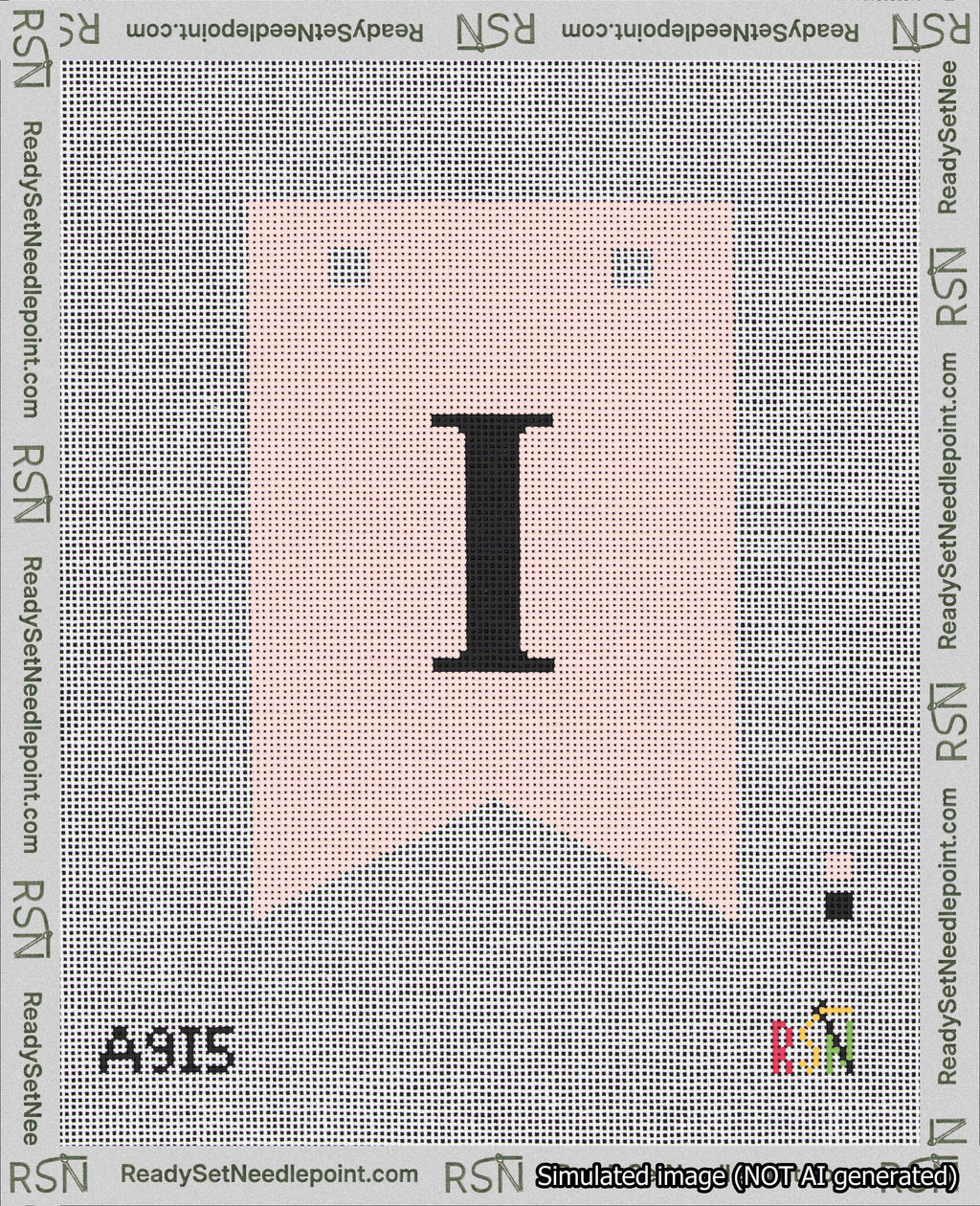 A taped needlepoint canvas with the design: Banner 18 mesh count Forked I Black on Pink.