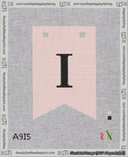 A taped needlepoint canvas with the design: Banner 18 mesh count Forked I Black on Pink.