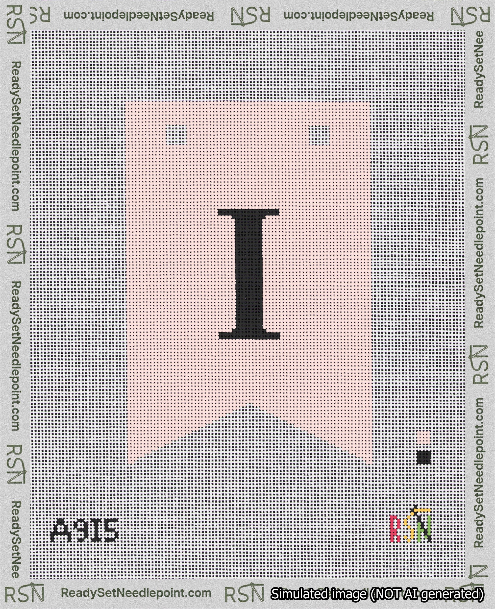 A taped needlepoint canvas with the design: Banner 18 mesh count Forked I Black on Pink.