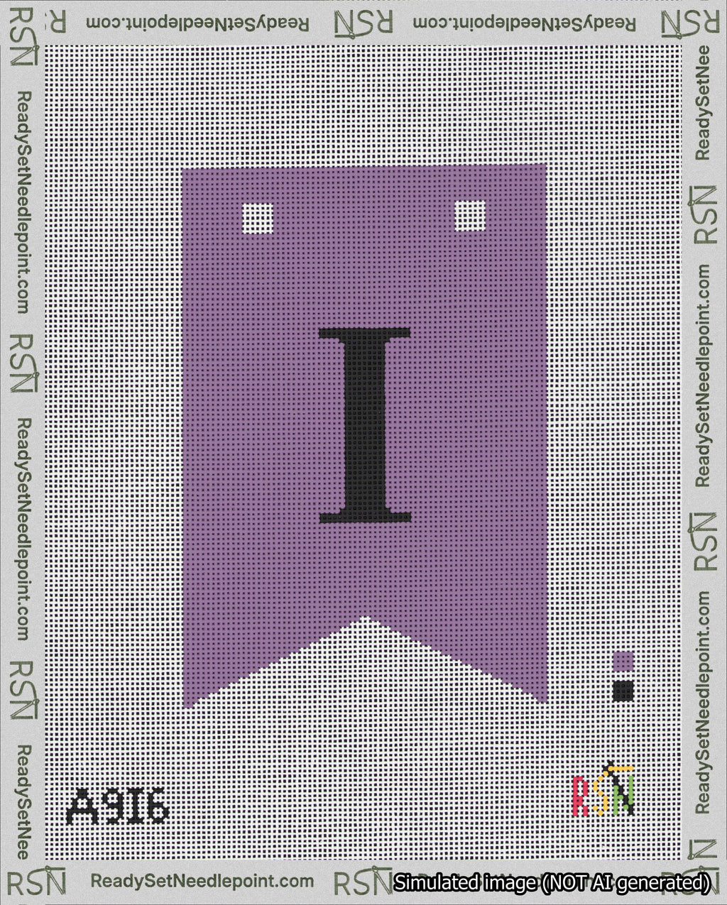 A taped needlepoint canvas with the design: Banner 18 mesh count Forked I Black on Purple.