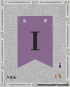 A taped needlepoint canvas with the design: Banner 18 mesh count Forked I Black on Purple.