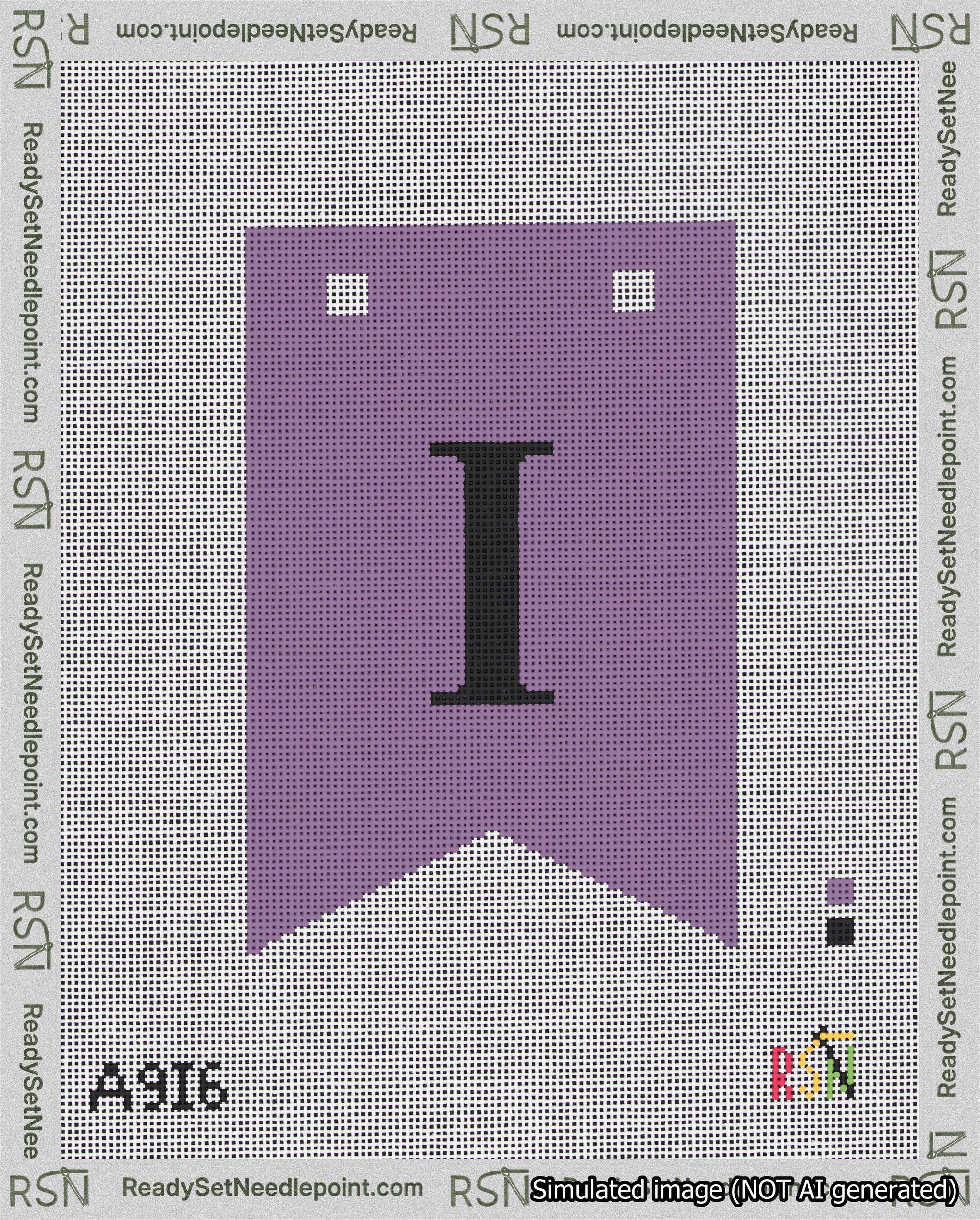 A taped needlepoint canvas with the design: Banner 18 mesh count Forked I Black on Purple.