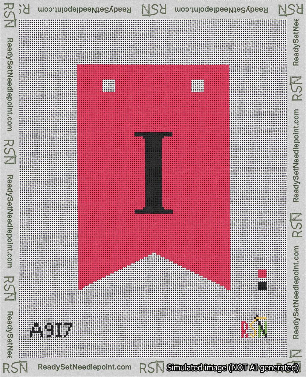 A taped needlepoint canvas with the design: Banner 18 mesh count Forked I Black on Red.